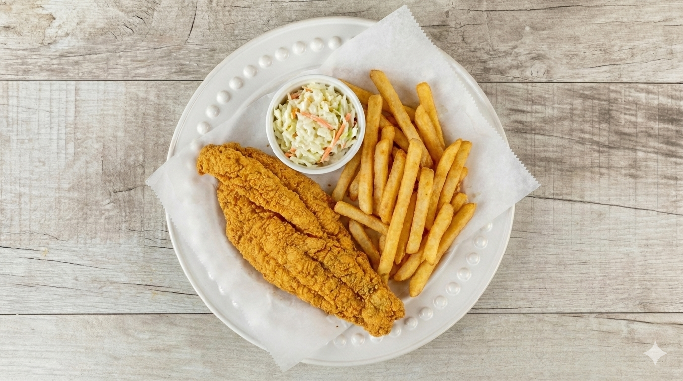 Fried catfish with fries and slaw