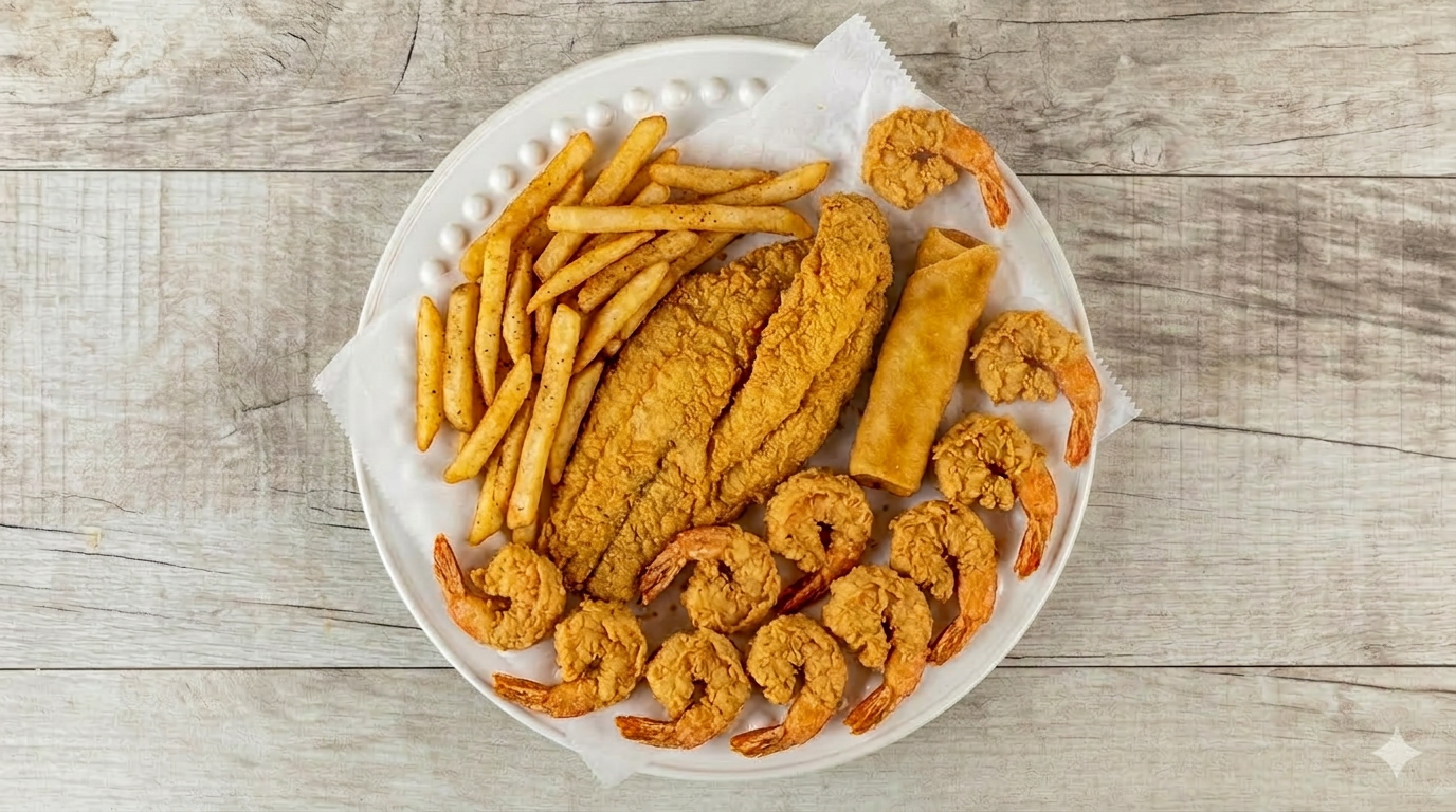 Catfish and twelve shrimp plate