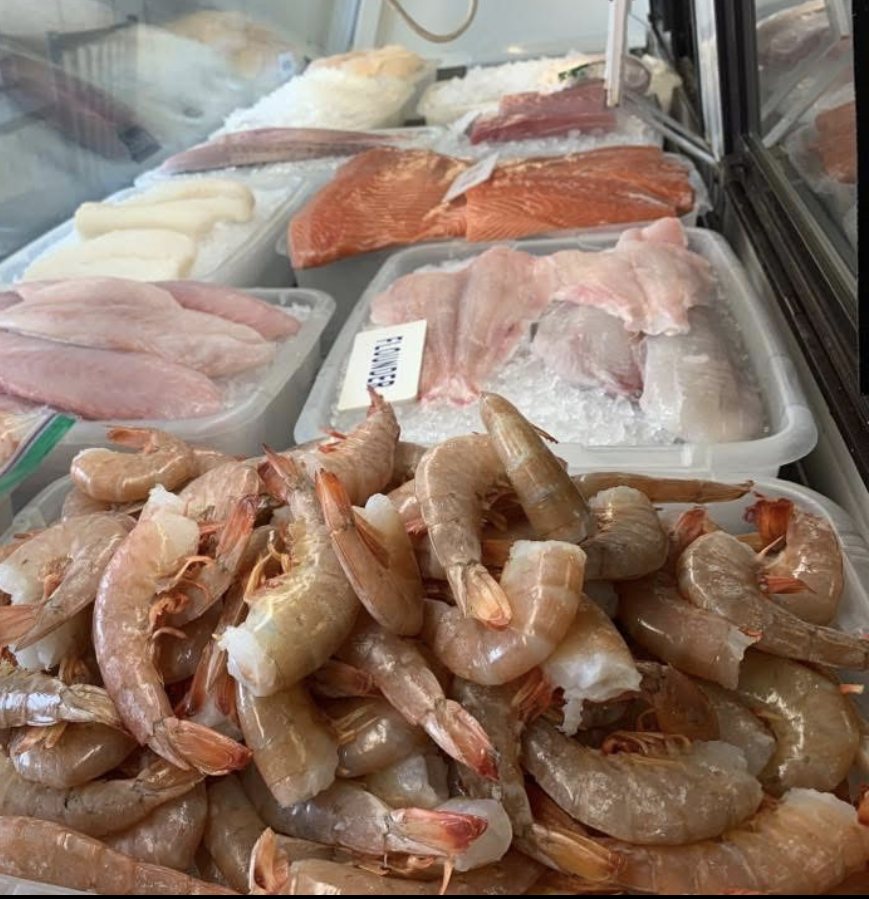 Fresh seafood displayed in the Fountain View Fish Market fish case