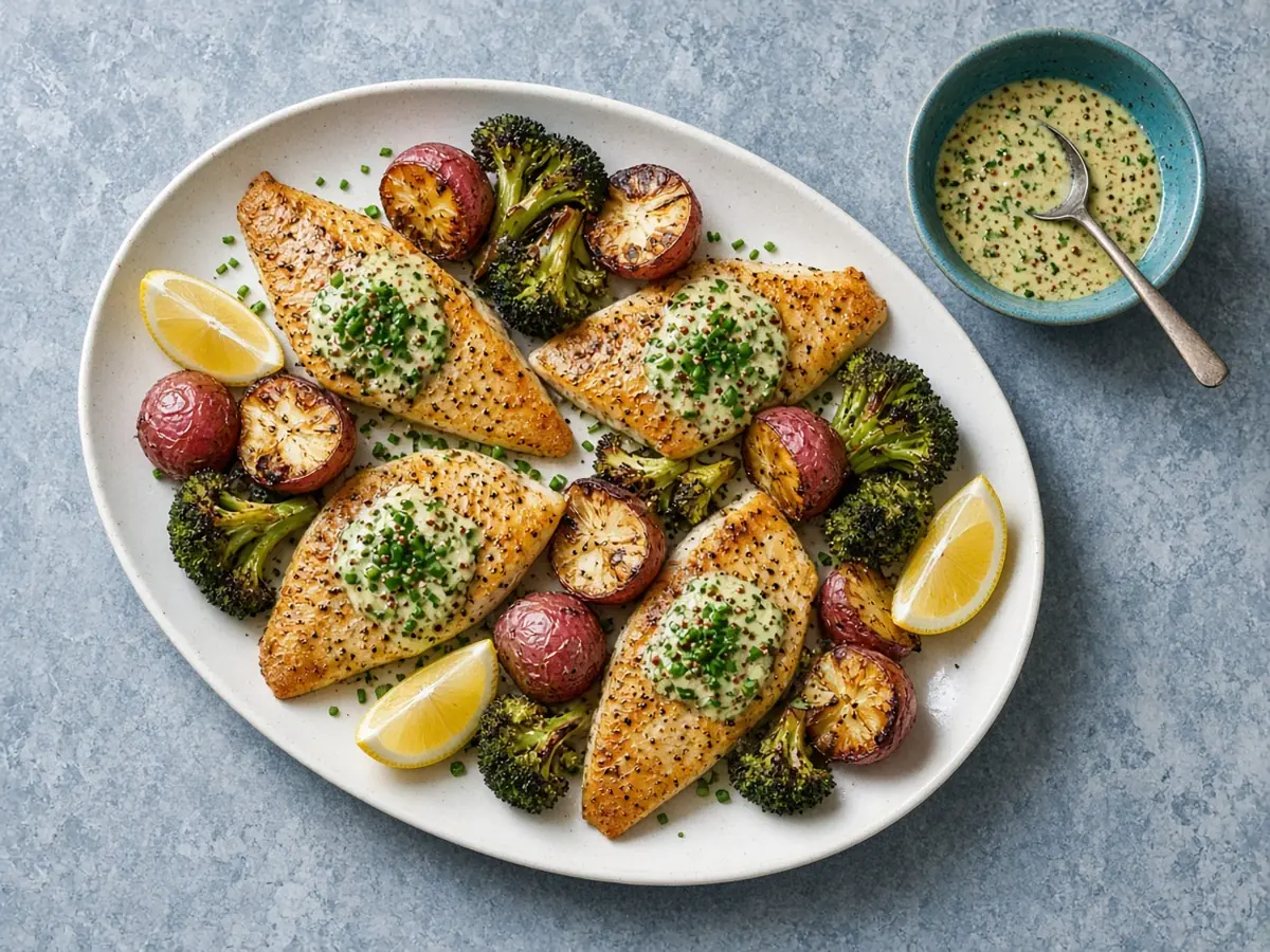 One-Pan Roasted Red Snapper with Potatoes, Broccoli and a Mustard-Chive Sauce